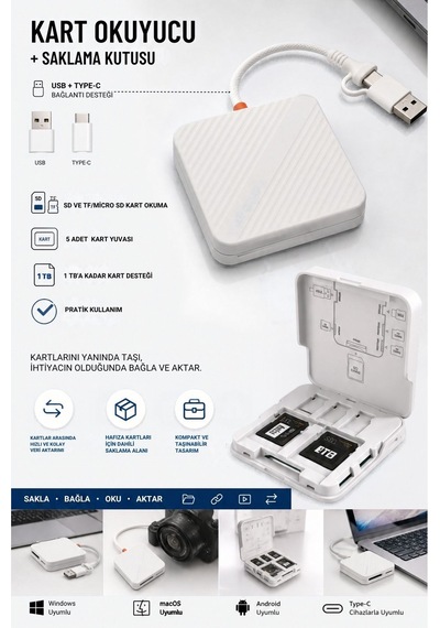 Buffer Usb Ve Type-c Uyumlu Çok Fonksiyonlu Sd Tf Kart Okuyucu, Usb 3.0 5gbps Yüksek Hızlı Veri Aktarım Adaptörü Ve Kar