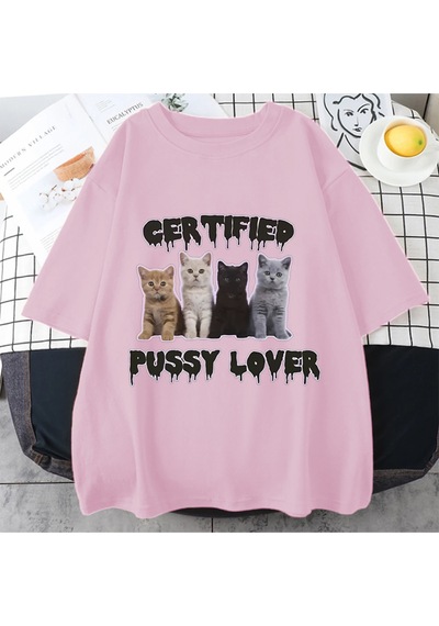 Flood Of Style Komik Sertifikalı Kedi Sevgilisi Meme Kedi Grafik T Shirt Unisex Moda Kawaii T-shirt Sokak Ra Pembe