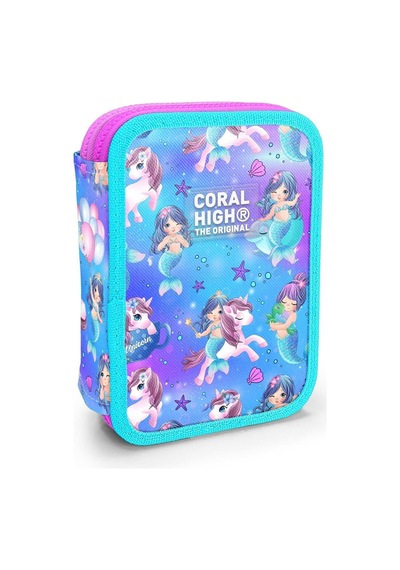 Kids Mor Pembe Unicorn Deniz Kızı Desenli Çift Katlı Kalem Çanta 11138 Mavi Lila Çok Renkli