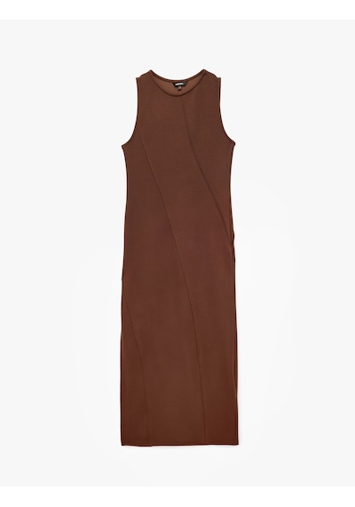 Koton Viskon Karışımlı Slim Fit Yırtmaçlı Kolsuz Bisiklet Yaka Bodycon Kalem Uzun Elbise Kahverengi 6sak80035pk Kahve