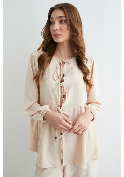 Fullamoda Fullamodest Önü Bağlamalı Ayrobin Kimono 2 Li Takım Bej