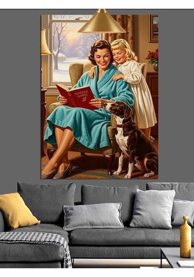 Mutlu Aile Köpekleri İle Retro Dekoratif Kanvas - Mdf Ahşap Tablo