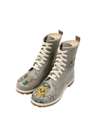 Kadın Vegan Deri Gri Uzun Bot - Warner Bros Tweety Looney Tunes Ski Club Tasarım Multicolor
