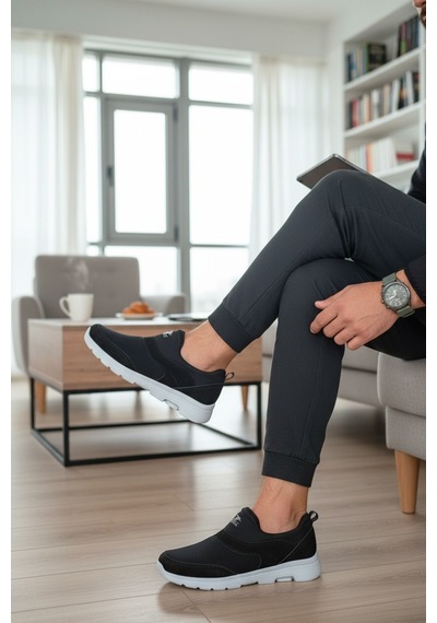 Enoch Erkek Bağcıksız Pratik Yürüyüş Ayakkabısı - Fileli Rahat Kalıp Slip-on Siyah