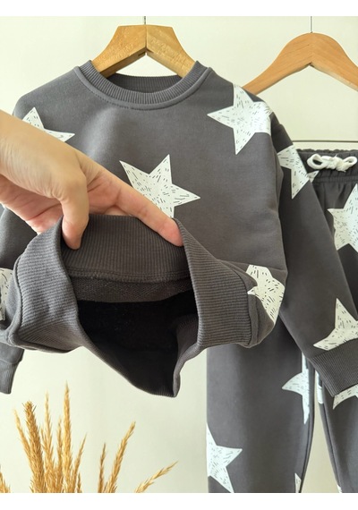 Magu Çocuk Pamuklu Yıldız Desenli Antrasit Sweatshirt Ve Eşofman Altı Takımı Çok Renkli