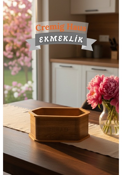 Geleneksel Tasarım Kapaklı Büyük Ekmeklik Altıgen Ahşap Ekmek Sepeti Kemençe Desenli Çok Renkli