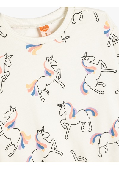 Koton Unicorn Sweatshirt Uzun Kollu Bisiklet Yaka Bej Desenli 5wmg10099ak Ekru