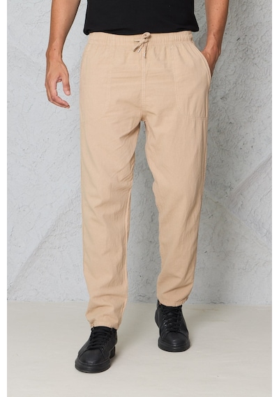 Blayn Jeans Erkek Haki Jogger Pantolon Beli Lastikli Bağcıklı %100 Pamuk Keten Baggy Rahat Günlük Pantolon Bej