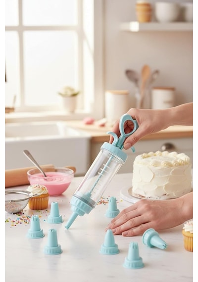 Transformacion Profesyonel 8 Başlıklı Pasta Krema Süsleme Pompası Seti, Enjektör Uçlu, Şeffaf Gövde, 18-20 Cm Y Diğer