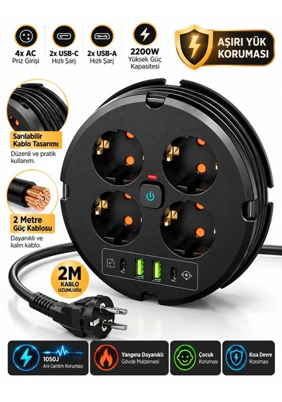 4'lü Akım Korumalı Çoklu Priz 2200w 1050j 2 Usb 2 Type-c 10a 2m Sarılabilir Kablolu 0.2 M