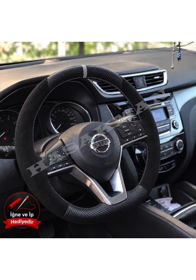 Nissan Leaf Ze1 Dikme Direksiyon Kılıfı Alcantara Süet Mat Karbon Gri Yüzük Ve Dikiş 2018-2024 Siyah