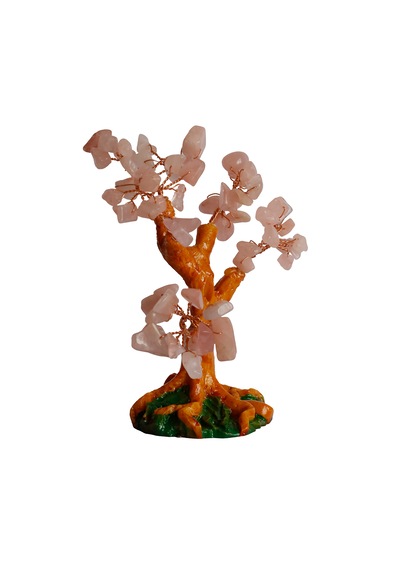 Pembe Kuvars Doğal Taşlı Hayat Ağacı Biblo - 16x14 Cm El Yapımı E