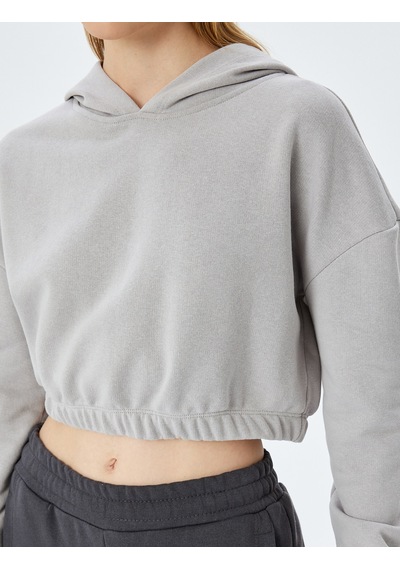 Koton Şardonlu Kapüşonlu Uzun Kollu Crop Oversize Sweatshirt Gri 5wak10099nk