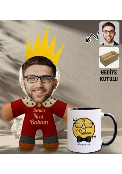 Bk Gift Kişiye Özel Fotoğraflı Kral Babam Tasarımlı Bebek Yastık-1 & Siyah Kupa Bardak  Seti-14, Babalar Günü , Babaya