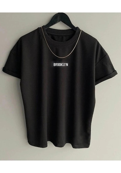 Startmore Siyah Oversıze Brooklyn Baskılı Bisiklet Yaka Unisex T-shirt Siyah