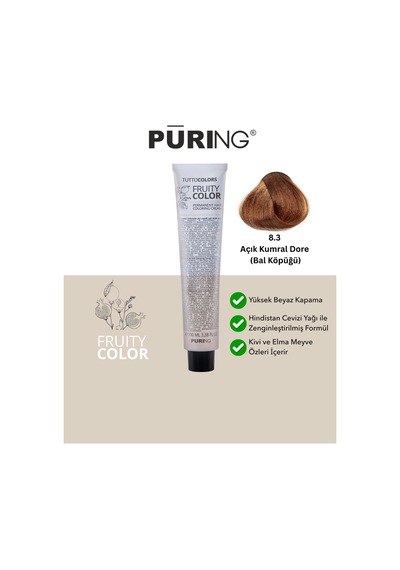 Puring Fruity Color Meyve Asitli Profesyonel Krem Saç Boyası Bal Köpüğü 100 ML 8.3 Açık Kumral Dore