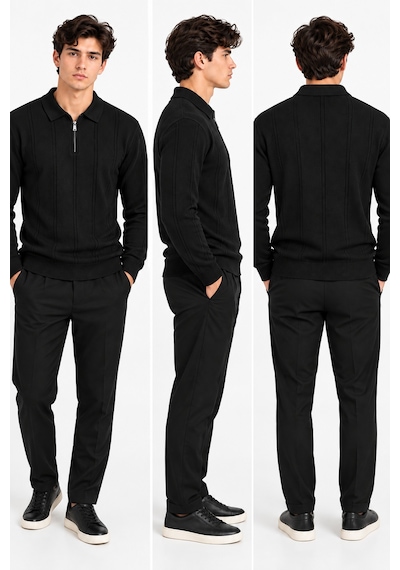 Erkek Fitilli Polo Yaka Fermuarlı Örme Triko Kazak 27151 Siyah-aw19