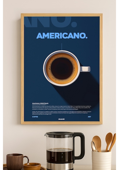 Americano Kahve Doğal Ahşap Çerçeveli Poster, Dekoratif Duvar Tablosu