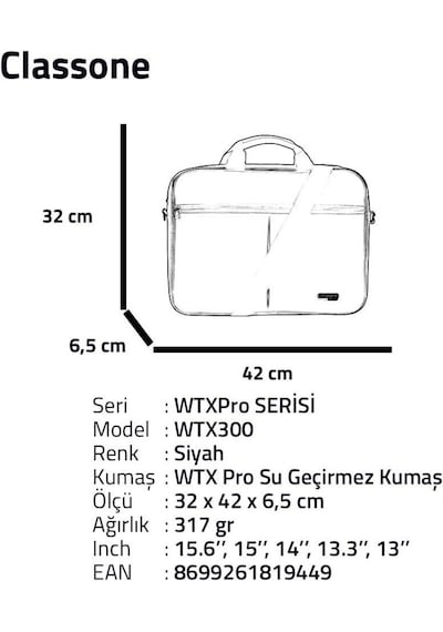 Classone Wtx300 Wtxpro Serisi 15.6 İnch Su Geçirmez Kumaş Apple Uyumlu MacBook , Laptop , Notebook El Çantası- Siyah