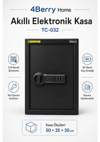 Tc-032 Akıllı Elektronik Kasa Dijital Şifreli Güvenlik Kasası, Acil Durum Anahtarlı