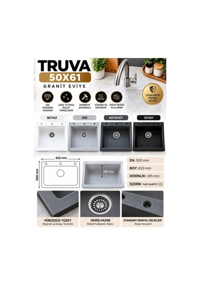 Granit Evye Truva Series Gri Renk En:500mm Boy :610 Mm Derinlik :195 Mm