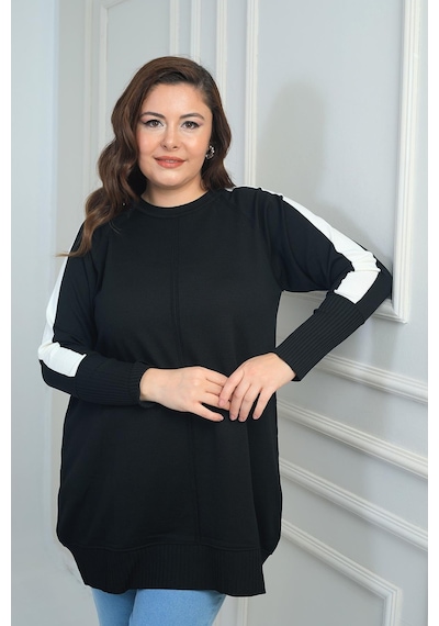 By Saygı Kadın Kolları Şeritli Büyük Beden Tunik Bluz-41899 Siyah
