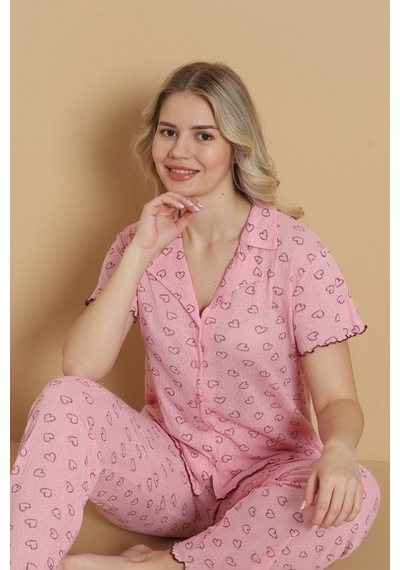 Wordex Mirano 1711 Kalp Desenli Pointel İnce Kumaş Düğmeli Kısa Kollu Kadın Pijama Takımı Pembe Wordex Mirano 1711 Kalp Desenli Pointel İnce Kumaş Düğmeli Kısa Kollu Kadın Pijama Takımı Pembe
