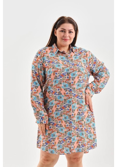 Polologin Butik Büyük Beden Çiçek Desenli Gömlek Elbise - Somon Ve Turkuaz Esintisi Pembe