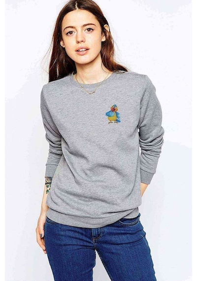 Papağan Mavi Sarı Baskılı Gri Kadın Sweatshirt