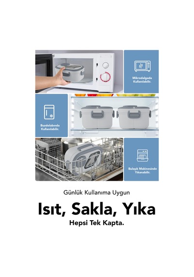 Bondie Kilitli Kapak Yemek Kabı - 2 Katlı Bölmeli Kaşık Ve Sosluklu Lunch Box Beslenme Kutusu Gri