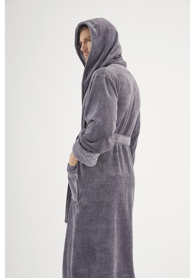 Yaka Jakarlı %100 Cotton Erkek Bornozu Gri