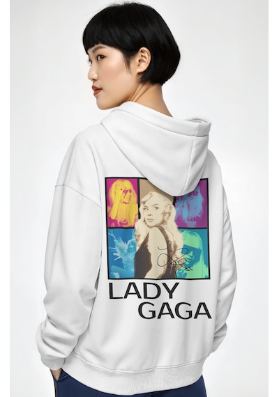 Sevbano Lady Gaga Şarkıcı Sırt Baskılı Unisex Oversize Penye Hoodie beyaz