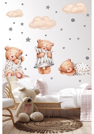 MSticker 3'lü Uyuyan Ayıcık Bulutlar Ve Yıldızlar Çocuk Bebek Odası Sticker Seti Pembe
