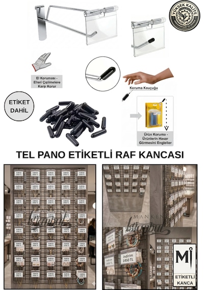 100 Adet 15 Cm Etiketli Tel Pano Kancası - Koruma Kauçuklu - Ekstra Güçlü - Raf Askısı - Raf Kancası Krom