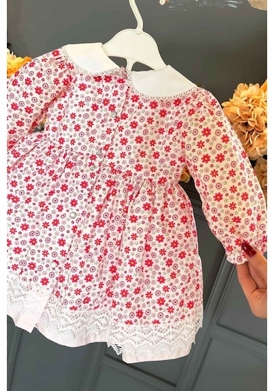 Bebe Yaka Dantel Detaylı Çiçekli Kız Çocuk Bebek Pamuklu Elbise 3 Renk 001