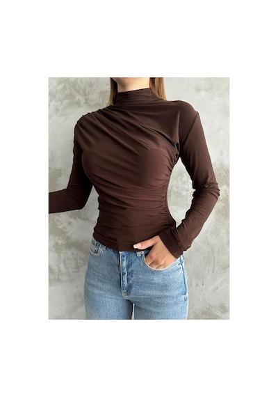 Unika Boutique Kadın Kahverengi Dik Yaka Omuz Ve Bel Büzgülü Uzun Kollu Bluz