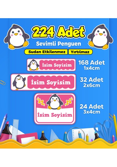 Sevimli Penguen Temalı Okul Kreş Kişiye Özel İsim Etiket Seti - Model 150 Çok Renkli