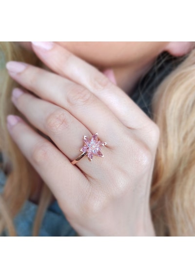 Vaoov 925 Ayar Gümüş Pembe Lotus Yüzük