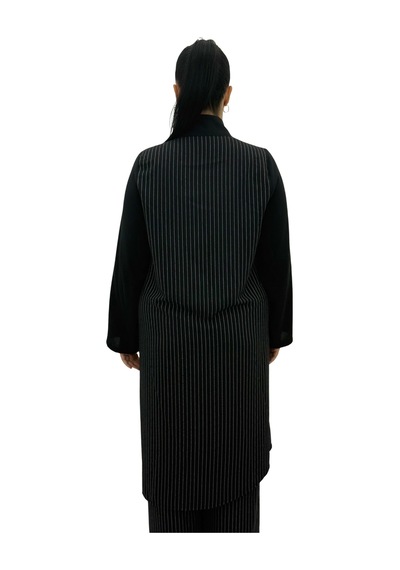 Büyük Beden Çizgili Düğmeli Tunik Gömlek Pantolon Oversize Kadın Takım Siyah