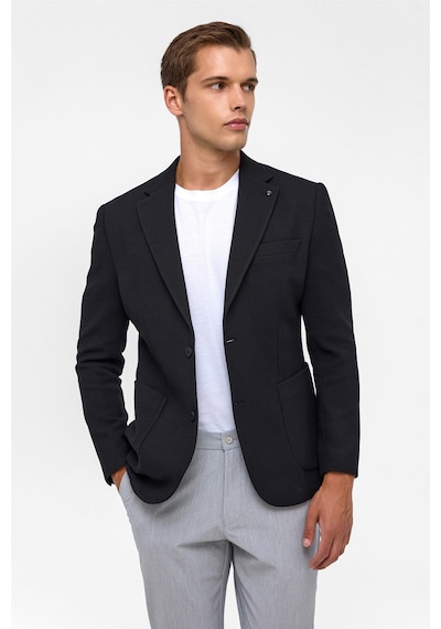 Süvari Siyah Slim Fit Desenli Mono Yaka 6 Drop Ceket-38403 Siyah