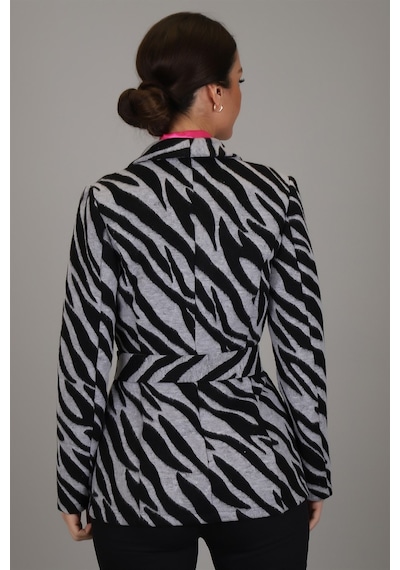 Sweetness Kadın Siyah Gri Zebra Desenli Kemerli Astarsız Ceket Gri