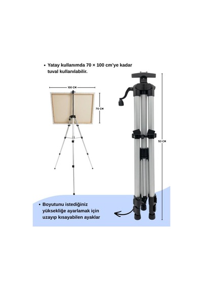 Katlanabilir Alüminyum Tripod Şövale - Kollu Yükseklik Ayarlı, Su Terazili, Gümüş