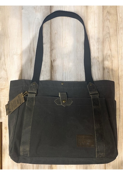 Vintage Salaş Design Su Geçirmez Kanvas Deri Günlük Okul Gezi Omuz Kol Çantası 35x28cm Siyah
