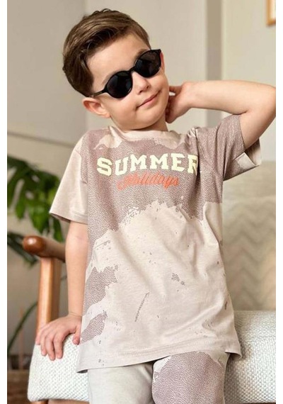 Riccotarz Erkek Çocuk Summer Yazı Baskılı Cep Ve İp Detaylı Bej Şortlu Takım Bej