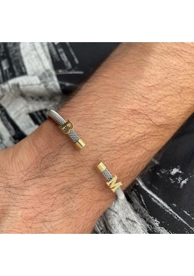Simurg Jewellery 14 Ayar Altın Harfli Beyaz Çelik Bileklik Sarı - Beyaz