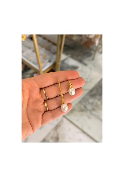 Vıp Asimetrik Model Doğal Taş İnci Ve Gold Detaylı Tasarım Küpe Altın