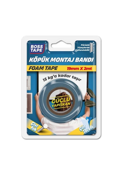 Boss Tape Çift Tarafli Köpük Aksesuar Montaj Bandi 15 Kg, 19 Mm X 2 Metre Boyut