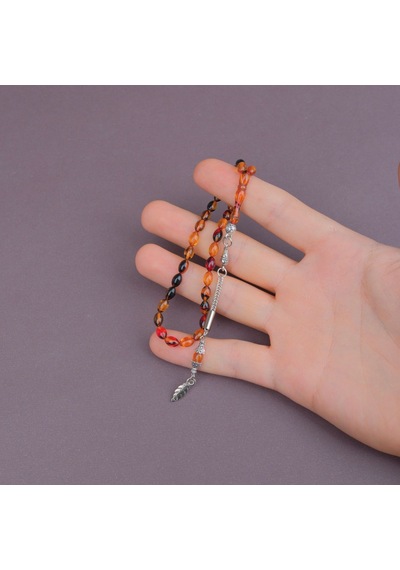 Ateş Kehribar Beyzi Kesim Bilek Boy 5x8mm Tesbih Alpaka Püsküllü Sarı Kırmızı