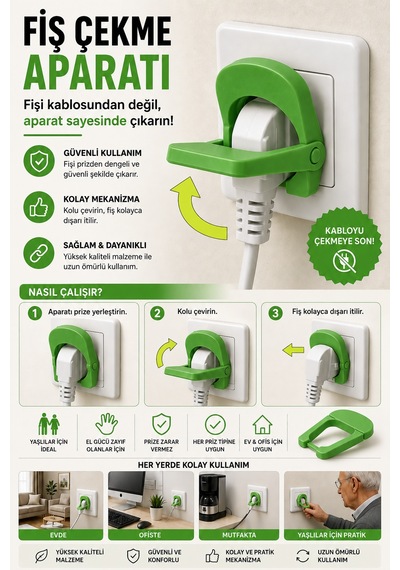 3d Baskı Fiş Çekme Aparatı Kolay Fiş Çıkarma Yardımcısı Ergonomik Priz Aparatı - Yeşil