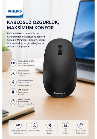 Philips SPK7407B/00 Kablosuz Bluetooth Mouse 2.4GHz Çoklu Cihaz Desteği 1600 DPI Sessiz Siyah